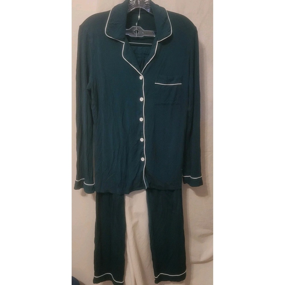 Women's Small PJ Set Long Sleeve Button Up  Pockets Dark Green White Piping